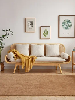 Dream space Скандинавский бревенчатый диван из ротанга, журнальный столик на троих, комбинированная гостиная, подушка из массива дерева со спинкой