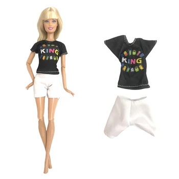 NK 1 комплект, одежда с короткими рукавами и благородным черным рисунком, Модные повседневные белые шорты для Барби, аксессуары, кукла, подарок ребенку.
