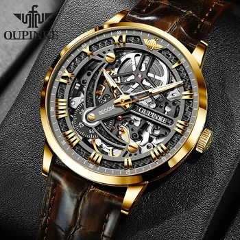OUPINKE Оригинальные автоматические механические мужские часы класса Люкс от ведущего бренда, модные водонепроницаемые светящиеся мужские наручные часы Skeleton