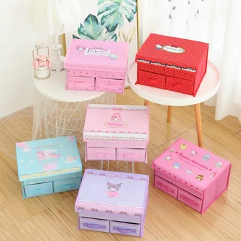 Sanrio hello kitty Melody Складной ящик для хранения, Настольная коробка для косметики с двойной сеткой, Органайзер для хранения мелочей