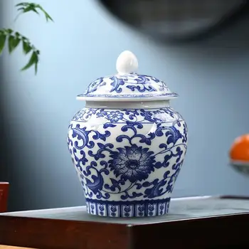 Банка для хранения чая в сине-белой керамической глазури в банке для имбиря с деликатной крышкой