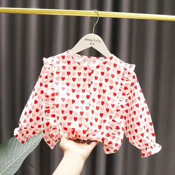 Блузки для девочек, детская одежда, однобортные топы с круглым вырезом и рисунком в виде сердца, рубашка с пузырчатыми рукавами и воланами, повседневная рубашка для девочек, блузка