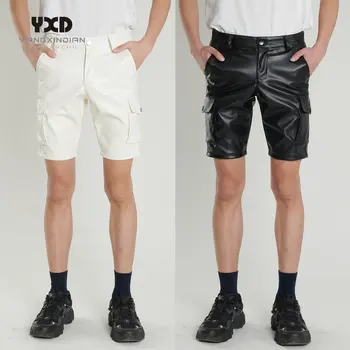 Брендовые мужские шорты, однотонные повседневные мужские короткие брюки из искусственной кожи, летние Модные эластичные шорты-карго с тонкими карманами для мужчин, брюки
