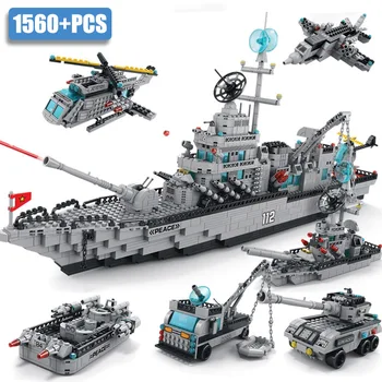 Военный 1560шт 6 В 1 Военный линкор Эсминец Оружие Строительные блоки Военный корабль Вертолеты Кирпичи Игрушки Подарок для детей