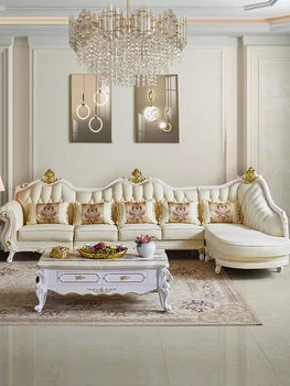 Европейский кожаный угловой диван, легкая роскошная резьба по дереву, гостиная, императорская наложница, сочетание элитной мебели класса люкс