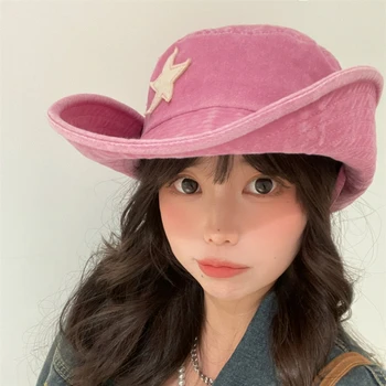 Женская розовая рыбацкая шляпа, складная летняя джинсовая походная шляпа Star Y2K, розовая солнцезащитная шляпа с защитой от ультрафиолета с ветрозащитной веревкой