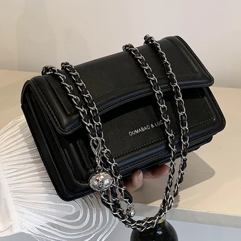 Женская черная маленькая сумка через плечо Мини из искусственной кожи Элегантный женский кошелек с клапаном, сумочка на металлической цепочке, эстетичные женские сумки через плечо