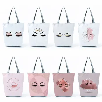Женские сумки с принтом ресниц, портативная косметичка через плечо, сумка-тоут большой емкости, эко-сумка для покупок многоразового использования, индивидуальный рисунок