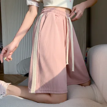 женские шорты harajuku summer Ice silk длиной до колена, однотонные модные женские шорты с завязками, прямая поставка WLFS959