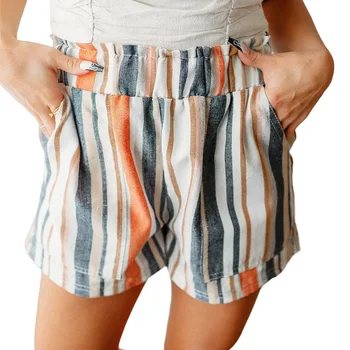 Женские шорты контрастного цвета в полоску повседневные ретро с высоким поясом и карманом, свободные тонкие короткие брюки