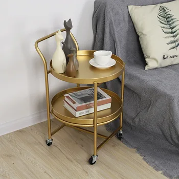 Журнальный столик Nordic Small на тележке из кованого железа, двухслойный журнальный столик, съемный журнальный столик, золотой круглый приставной столик