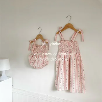Комбинезон с цветочным принтом вишни для маленьких девочек, пляжное платье на бретельках для старшей сестры, Vestidos 2023, Летний комплект детской одежды для малышей, 2 шт.