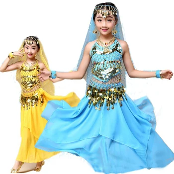 Комплект из 5 предметов, детские костюмы для танца живота, индийский танцевальный костюм, детские Болливудские танцевальные костюмы для девочек, наборы для танца живота
