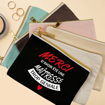 Косметичка с принтом Merci Maitresse, персонализированные женские холщовые косметички, сумки, модный чехол для макияжа на молнии, женская сумочка