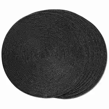 Круглые плетеные салфетки 6 настольных ковриков для обедов Тканые моющиеся нескользящие коврики 15 дюймов черного цвета