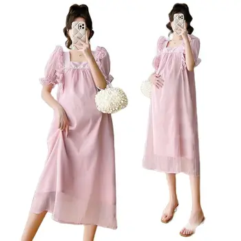 Летнее шифоновое платье для беременных в корейском стиле с квадратным воротником и пышными рукавами, пляжные платья для беременных, одежда для беременных