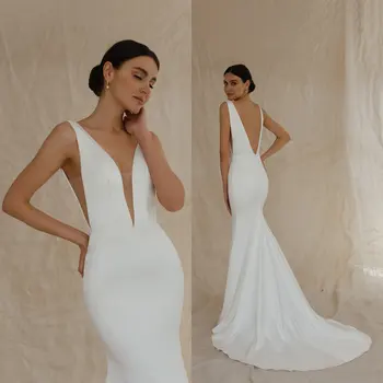 Минималистичные свадебные платья Русалки 2023 Сексуальный свадебный халат с V-образным вырезом, пляжное свадебное платье с открытой спиной для женщин