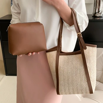 Модная женская сумка через плечо с небольшой сумкой, сумки-тоутсы, высококачественная соломенная большая сумка, сумка для мамы, Летняя сумка для пляжного отдыха, дорожная сумочка