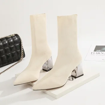 Модные женские ботинки, Белые Черные Эластичные носки с острым носком, сапоги на квадратном каблуке, Ботильоны больших размеров, осенне-зимняя обувь 42