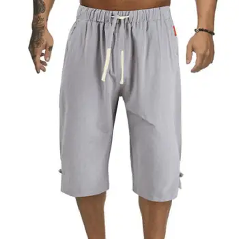 Мужские летние однотонные повседневные мешковатые шорты на шнуровке, стильные спортивные брюки из дышащего льна, мужские укороченные брюки, уличная одежда