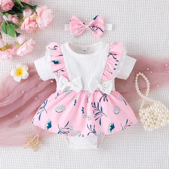 Новое Детское платье с короткими рукавами для малышей 0-2 лет, милая юбка с принтом + шарф, платье-костюм для девочек