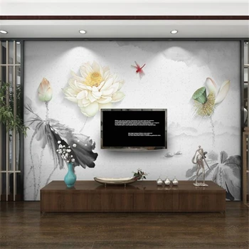 обои wellyu для домашнего декора На заказ Новые китайские трехмерные рельефные чернила lotus TV background wall tapety