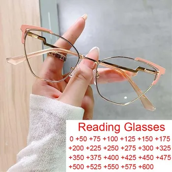 Очки для чтения при дальнозоркости с защитой от синего света, женская мода, очки в металлической оправе с оранжевым Кошачьим глазом, Пружинящий шарнир, Компьютерные очки, Аксессуары