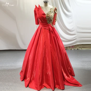 Платье для выступлений RSE942, атласные полурукавики А-силуэта, аппликации из золотого кружева, V-образный вырез, красное платье для выпускного вечера, вечерние платья