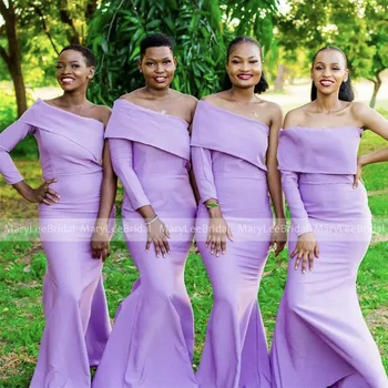 Платья подружек невесты с открытыми плечами и длинными рукавами, фиолетовое длинное платье русалки для свадебной вечеринки, свадебные платья для гостей для женщин