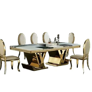 Роскошный Прямоугольный Мраморный обеденный стол с резными краями, Золотая латунь, Свадебный стол из нержавеющей стали в отеле