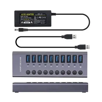 Светодиодный светильник из алюминиевого сплава, 10 портов, 5 Гбит/с, концентратор USB 3.0, независимый переключатель, адаптер, док-станция для портативных ПК