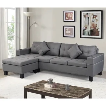 Секционный диван для гостиной с шезлонгом L-образной формы, подстаканником и левым или Правым шезлонгом Modern 4-местный (серый)