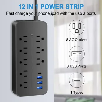 Удлинительный Кабель Power Strip US Plug Электрическая Розетка С 8 Розетками Переменного Тока, 3 Портами USB 1 Type-C Для Блоков Питания Домашнего Офиса