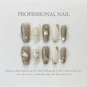 Французские накладные ногти ручной работы со стразами, полное покрытие, высококачественный нейл-арт для зрелых женщин, Корейская печать для балерин на ногтях