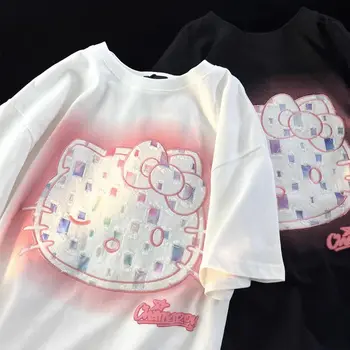 Хлопковые мягкие футболки с коротким рукавом Sanrio Hello Kitty с милым мультяшным принтом, летний универсальный повседневный свободный топ с коротким рукавом в подарок