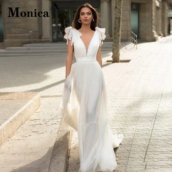 Шифоновые свадебные платья MONICA Bow для невесты, придворный шлейф трапециевидной формы, глубокий V-образный вырез, современное свадебное платье с открытыми плечами