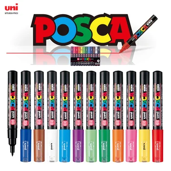 Японский набор фломастеров Uni Posca Paint, PC-1M, PC-3M, PC-5M, PC-8K, PC-17K, набор цветов 7 8 12 15 21 24 28 29, Нетоксичный, на водной основе
